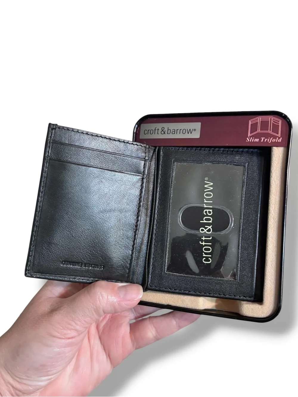 CROFT & BARROW Black Leather Slim Trifold Wallet NEW